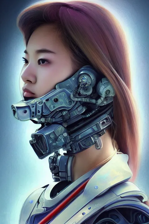 Image similar to portrait futuristic beautiful Asian trending on artbreeder Airforce armored pilot Girl, at inside of future fighter aircraft, ssci-fi, fantasy, intricate, very very beautiful, elegant, human anatomy, neon light, highly detailed, digital painting, artstation, concept art, soft light, smooth, sharp focus, illustration, art by tian zi and WLOP and alphonse mucha