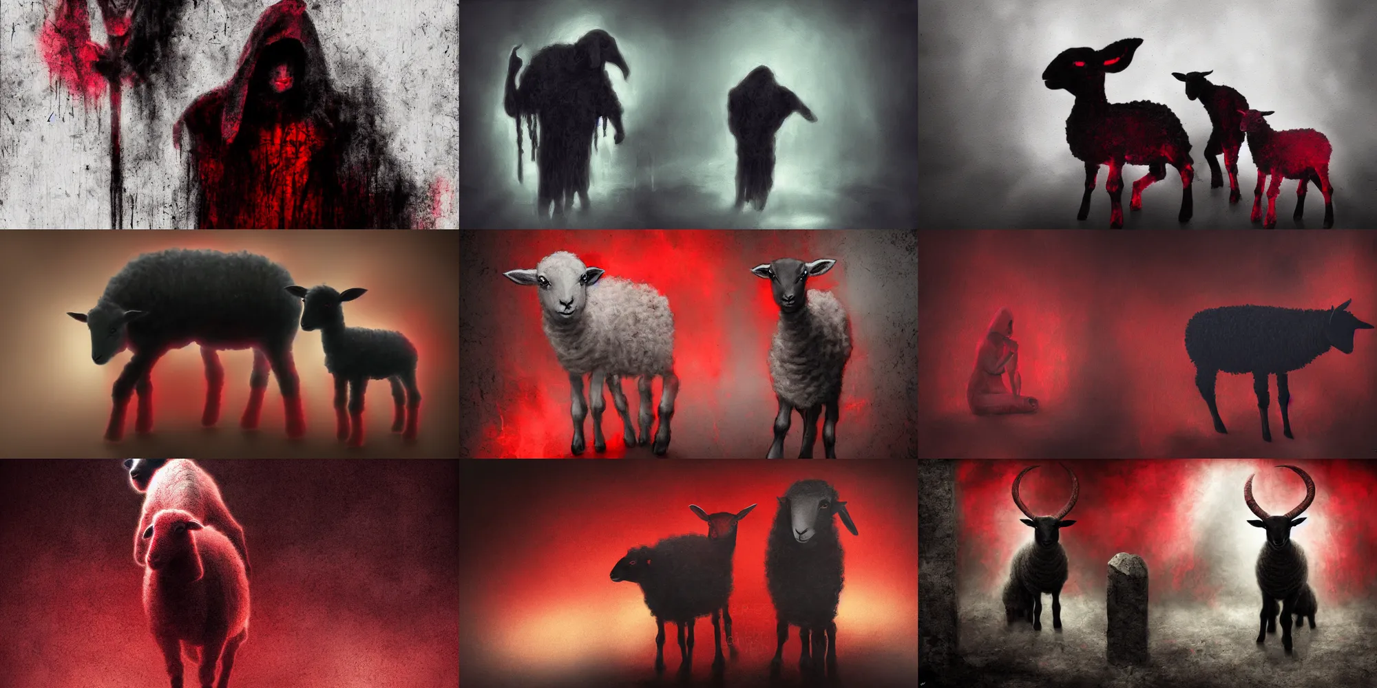 Prompt: lamb cultist, dark colors, colorful, reds and blacks, ambient glow, digital art