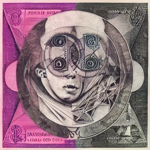 Image similar to post - punk new age album cover, asymmetrical design, dollar bank notes, capitalism, magic, apocalypse, psychedelic, black white pink, magic, giger h. r., giuseppe arcimboldo, peder aalto