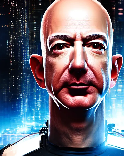 Prompt: portrait of Jeff Bezos as a sophisticated and intricate biomechanical Terminator, fantasy cyberpunk, Unreal Engine, hyper detailed, cinematic post-processing