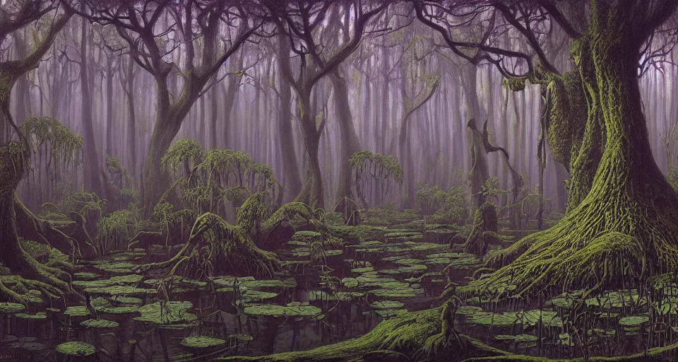 Prompt: A dense and dark enchanted forest with a swamp, by GREG HILDEBRANDT