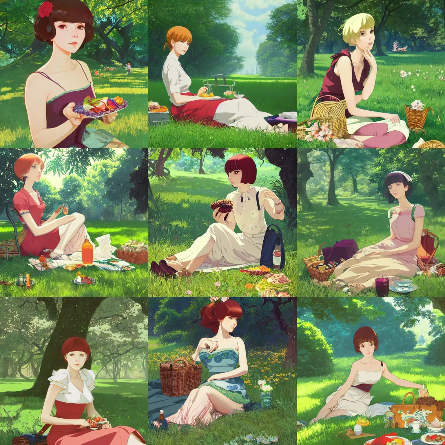 Prompt: portrait of a woman having a picnic in a lush park, ilya kuvshinov face, highly detailed, cel shading, digital painting, anime key visual, in the style of hayao miyazaki and alphonse mucha