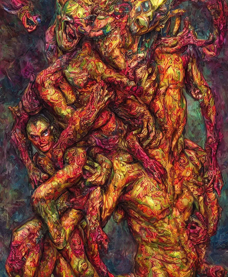 Image similar to devil holding a person, colorful, intricate, ultra detailed, photorealistic, trending on artstation