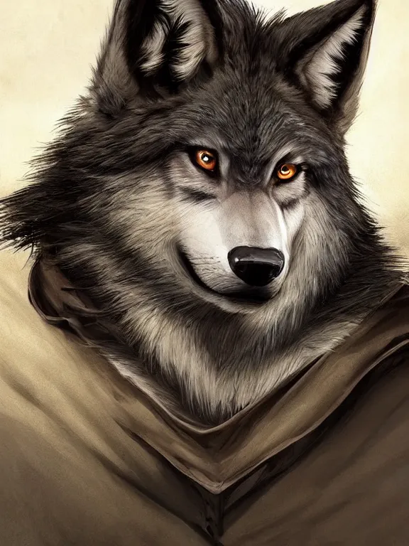 Image similar to 3/4 headshot of cute anthro wolf man, D&D, handsome, fantasy, intricate, long muzzle, wolf ears, fursona, black fur, elegant, highly detailed, digital painting, artstation, concept art, smooth, sharp focus, illustration, art by artgerm and greg rutkowski and alphonse mucha