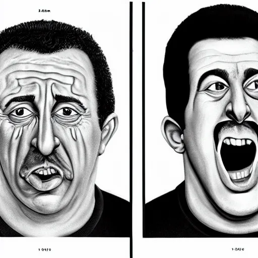 Prompt: beautiful lifelike painting of adam sandlers agitated asthma attack, hyperreal detailed facial features and uv lighting, art by ed roth and basil wolverton