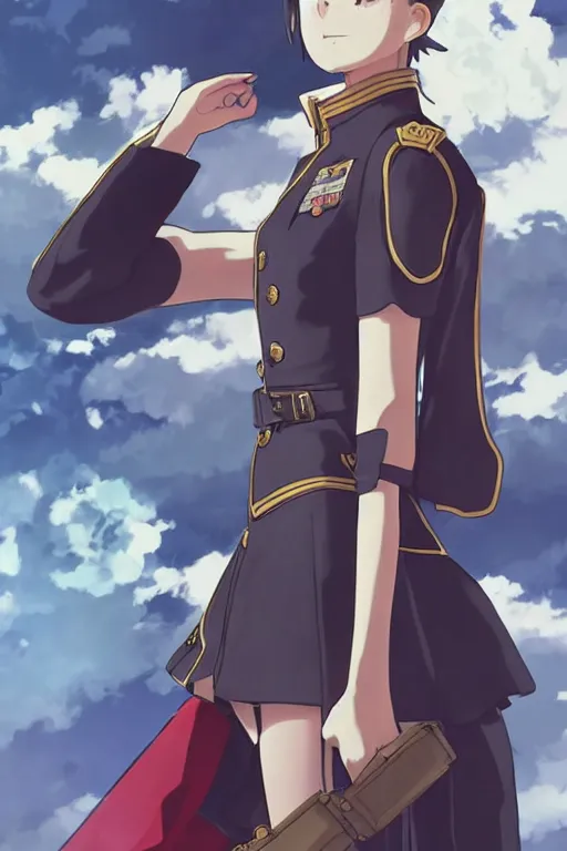 Image similar to key visual concept art, portrait of a stately anime girl wearing formal military dress uniform saluting at a full honors military funeral, somber, rule of thirds golden ratio, fake detail, trending pixiv fanbox, acrylic palette knife, style of shinkai makoto studio ghibli genshin impact