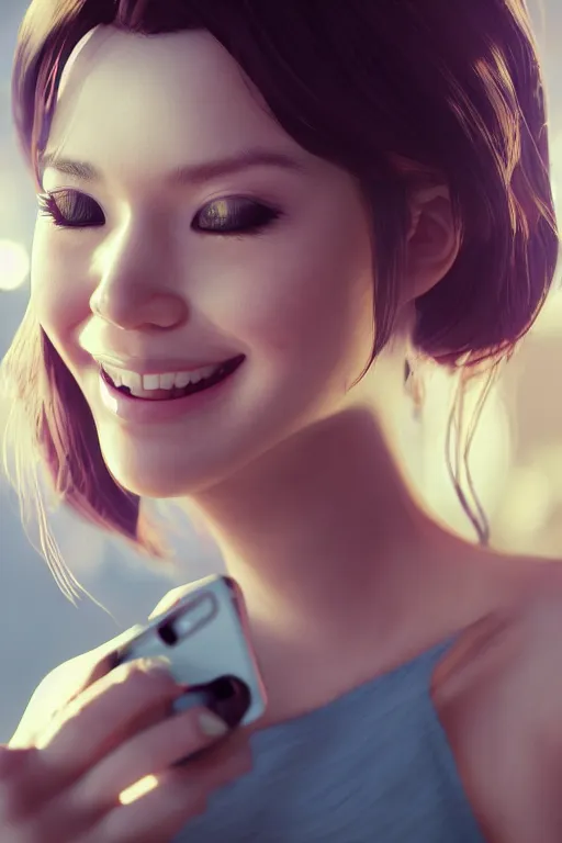 Prompt: a portrait of a beautiful young lady smiling at a text she just received on her smartphone, in style of Ross Tran, beautiful high detail, cinematic, 8k resolution, trending on artstation trending, octane render, unreal engine