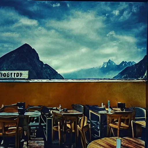 Image similar to mountain cafe, cinematic, photography, surreal, impressionist