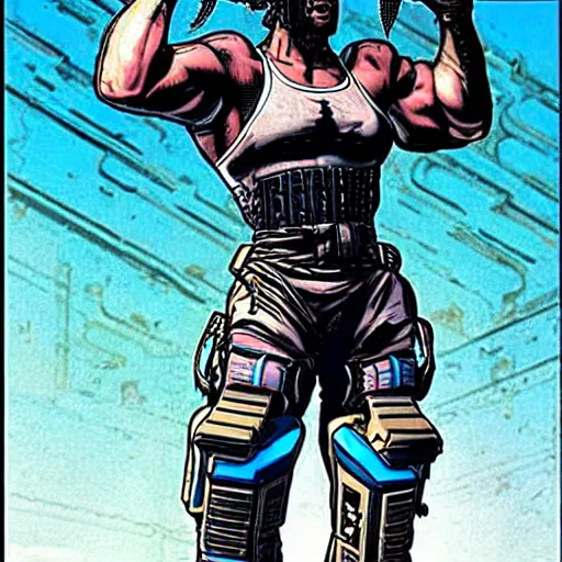 Prompt: Apex legends cyberpunk weightlifter. Concept art by James Gurney and Mœbius.