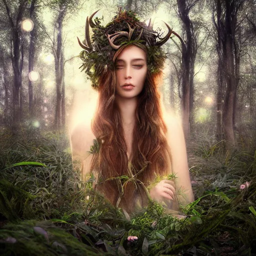 Prompt: “ goddess of nature ” gaia, hair made out of plants, beautiful young face, antlers, fantasy style, in the mystical forest, mushrooms, opal crystals, octane render, cinematic light ”