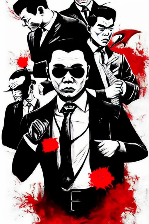Image similar to chinnese mafia, with black suit and red tissue, some of leader have dragon tatto. digital art, concept art, pop art, bioshock art style, accurate, detailed, gta chinatown art style, l. a noire art style, dynamic, face features, body features, ultra realistic, smooth, sharp focus, art by richard hamilton and mimmo rottela