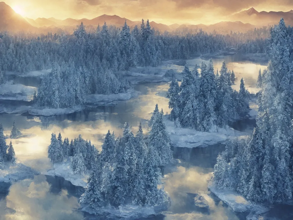 Image similar to epic crystalline taiga with a river, golden hour, distant mountains, atmospheric perspective, cinematic, 3 5 mm lens, photographic, octane render, cinematography by roger deakins, in the style of ansel adams