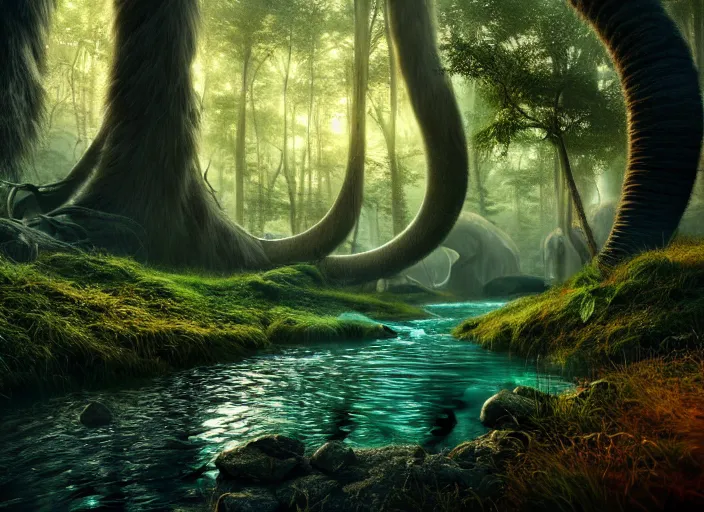 Image similar to hyperrealism, detailed textures, photorealistic, 3 d render, a surreal mystical forest with a bright blue winding creek, a wooly mammoth grazing, ultra realistic cinematic, intricate, cinematic light, concept art, illustration, art station, unreal engine