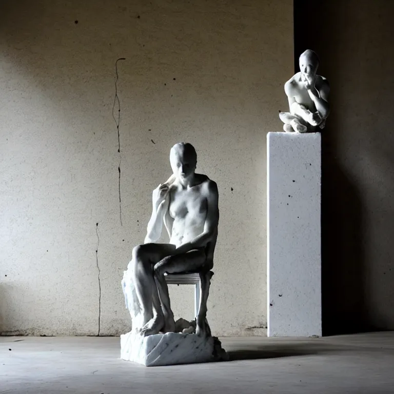 Image similar to a sculpture of a person sitting on top of a chair, a white marble sculpture by nicola samori, behance, neo - expressionism, marble sculpture, apocalypse art, made of mist