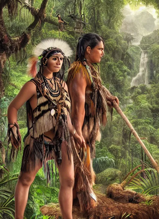 Prompt: two highly realistic indigenous people working together in the jungle, fantasy art, highly detailed, matte painting