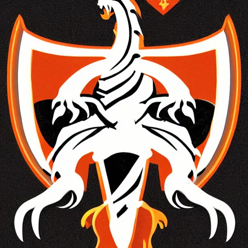 Prompt: logo of a dragon holding a shield and sword