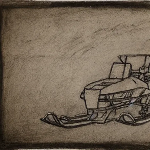 Prompt: a sketch of a snowmobile made by Leonardo da Vinci, charcoal on parchment, dim lighting