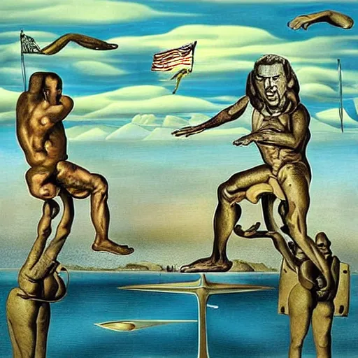 Image similar to “Past United States presidents Ragen, Nixon and Bush are traversing a bizzare landscape; Artist, Salvador Dali, Surrealism”