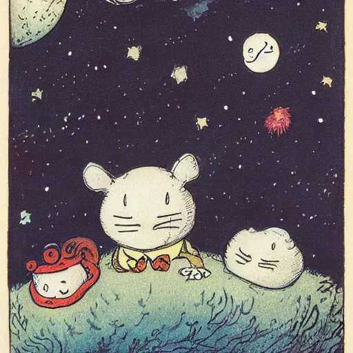 Image similar to night sky, stars, anthropomorphic talking moon with happy eyes prominently in the center, surrounded by clouds, landscape, illustrated by peggy fortnum and beatrix potter and sir john tenniel