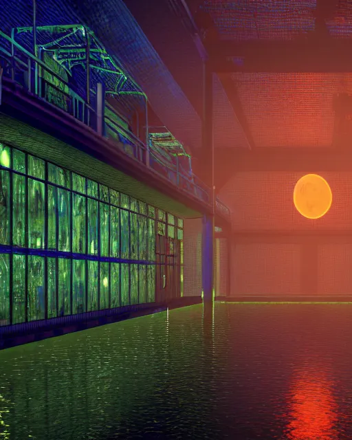 Prompt: industrial architecture by vincent van gogh, myst tron nature laser at night rainforest forest atlantis lightpaint infrared futuristic water neptune azeroth dramatic lighting vice city at dusk evil, archdaily, wallpaper, highly detailed, trending on artstation.