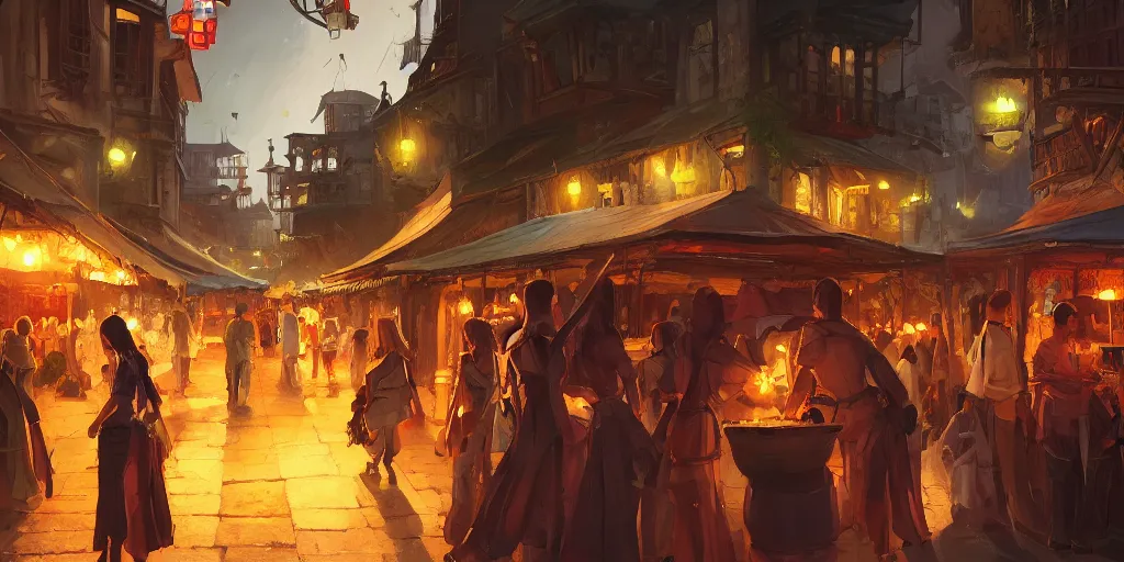 Prompt: a busy fantasy street night market from within a fascinating old city, by Sylvain Sarrailh, by Sebastian Luca, by Nicodemus Yang-Mattisson, cinematic, simple but effective composition, clean lines, beautiful digital painting, oil painting, dungeons and dragons, lord of the rings