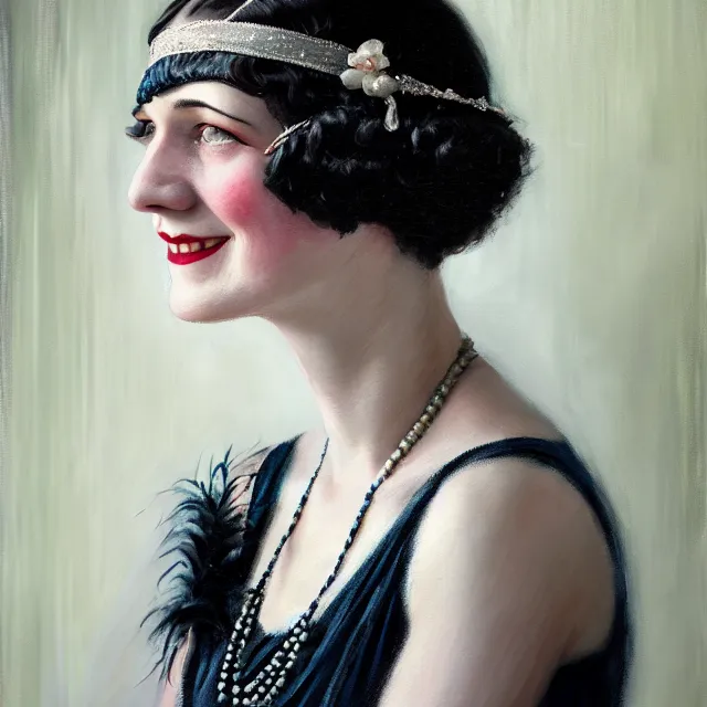 Image similar to a portrait photo of a 1 9 2 0 s woman with a slight smile in a flapper dress, atmospheric lighting, painted, intricate, ultra detailed by leesha hannigan, thierry doizon, kai carpenter, well composed, best on artstation, cgsociety, epic, stunning, gorgeous, intricate detail, wow, masterpiece