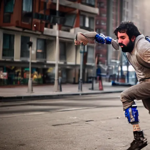 Prompt: Eliezer Yudkowsky being chased by a robot, movie still, DSLR 50mm