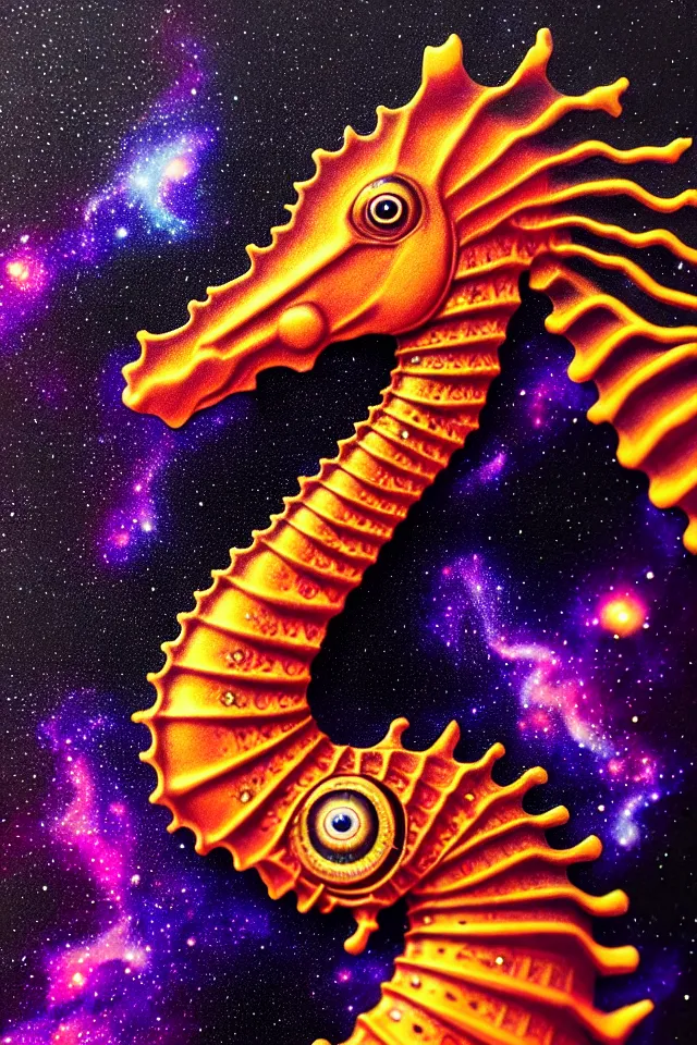 Image similar to a close up portrait of a purple ornate seahorse head statue, orange eyes, black paper, galaxy, nebula, billions of details, beautiful intricate painting by kokaris