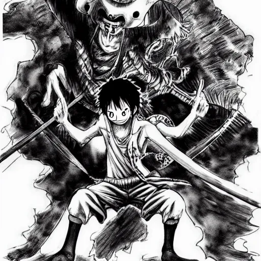 Prompt: One piece Ship, artwork by kentaro miura, Kentaro Miura style, Berserk Style, High details, centered full body pose, zenith angle, dramatic lighting, concept, manga, black and white ink style, a lot of details with ink shadows