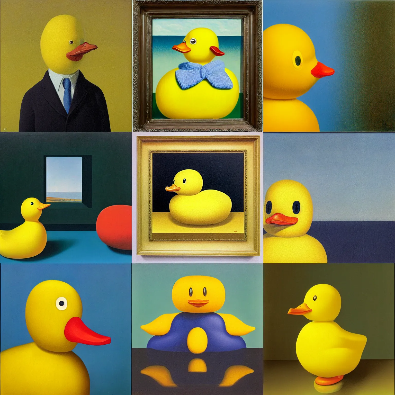 Image similar to portrait of a yellow rubber duck by rene magritte, oil on canvas.