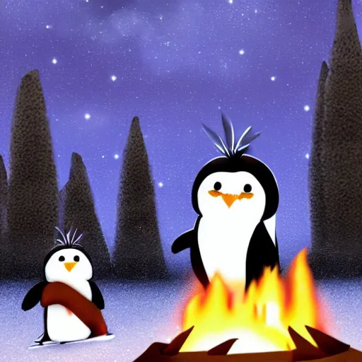 Image similar to two happy cute chibi penguins sitting around a campfire near a cave entrance to a mountain, there is a forest of trees in the background and a small frozen lake in the distance, trending on artstation, 3d digital artwork, cinematic lighting, 4K, very full detail, vector, amazing artwork, trending on Behance award-winning art, kawaii