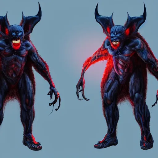 Image similar to front and back character view of scary, giant, mutant, mutated, dark blue humanoid bat, glowing red eyes, flying above a stormy ocean, sharp teeth, acid leaking from mouth, realistic, giant, bat ears, bat nose, bat claws, bat wings, furred, covered in soft fur, detailed, trending on artstation clean concept art and sheet that using unreal engine 5 render and hyper detailed 3D texture with cinematic software light 85mm f/1.4