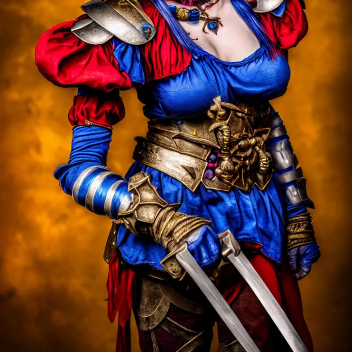 Image similar to photo of a real - life beautiful female jester warrior, 8 k, hdr, smooth, sharp focus, high resolution, award - winning photo