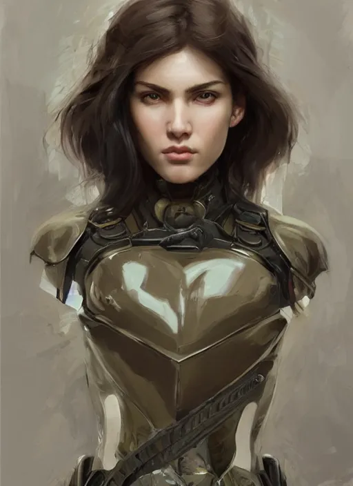 Image similar to a professional painting of a beautiful young female, clothed in military armor, olive skin, long dark hair, beautiful bone structure, symmetrical facial features, intricate, elegant, digital painting, concept art, smooth, sharp focus, illustration, from Metal Gear, by Ruan Jia and Mandy Jurgens and Artgerm and William-Adolphe Bouguerea