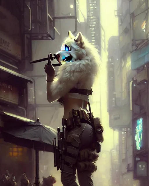 Prompt: beautiful portrait of an attractive white anthro wolf female soldier smoking a cigarette in a bustling crowd of a rainy city street, cyberpunk, wearing tactical gear, female fursona, 4 k, trending on artstation, by gaston bussiere, craig mullins, artgerm, greg rutkowski, alphonse mucha