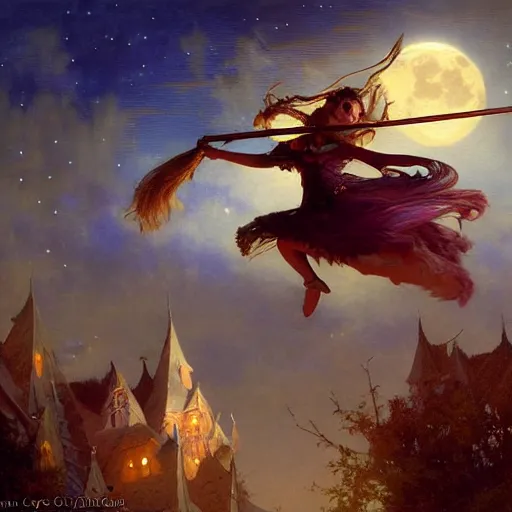 Image similar to witch flying riding a broom, trough the night, fantasy, full moon in background. highly detailed painting by gaston bussiere, craig mullins, j. c. leyendecker 8 k