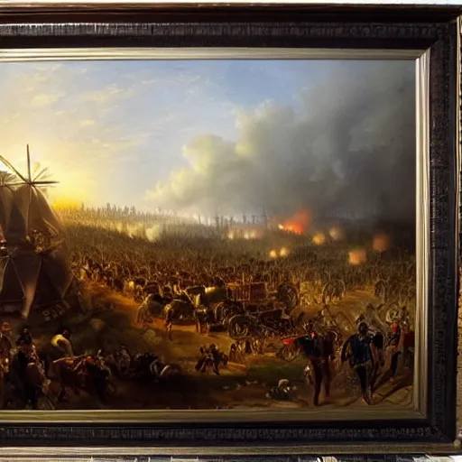 Prompt: Highly detailed and cinematic romantic period oil painting of the battle of Waterloo, with a detailed and realistic tardis from dr who, strong atmosphere, oil painting masterpiece by Josep Tapiró Baró, dynamic lighting, 8K