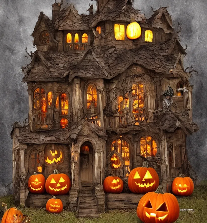 Image similar to a halloween house with pumpkins and jack - o - lantern decorations, a digital rendering by anne stokes, pinterest contest winner, gothic art, grotesque, diorama, made of cardboard