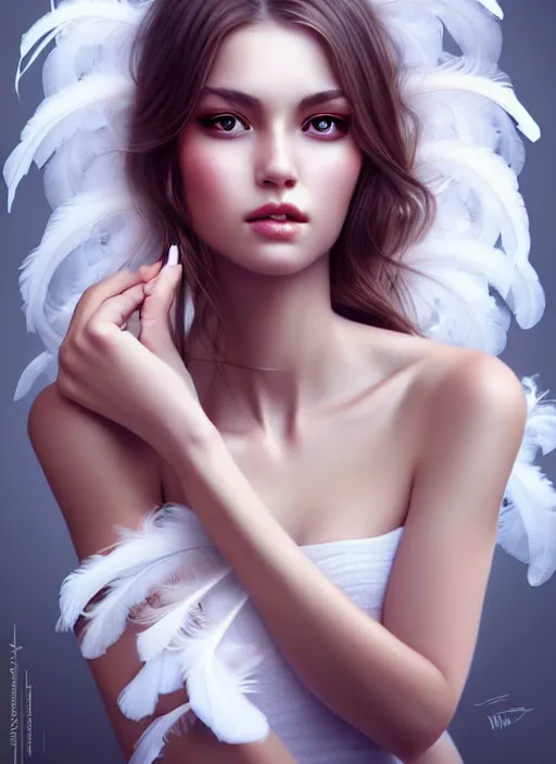 Image similar to a gorgeous female photo, professionally retouched, soft lighting, wearing a feather dress, realistic, smooth face, perfect eyes, wide angle, sharp focus on eyes, 8 k high definition, insanely detailed, intricate, elegant, art by artgerm and wlop