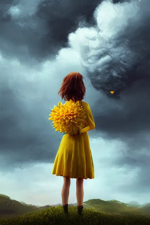 Image similar to closeup girl with huge yellow dahlia flower face, intricate, standing on mountain, surreal photography, blue storm clouds, dramatic light, impressionist painting, digital painting, artstation, simon stalenhag