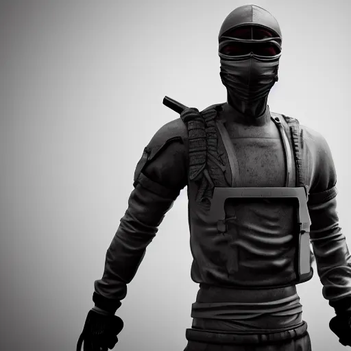 Image similar to 3 d rendering of marble and chrome statue of ninja wearing full face mask and hunter hat, combat suit, technological, octane render