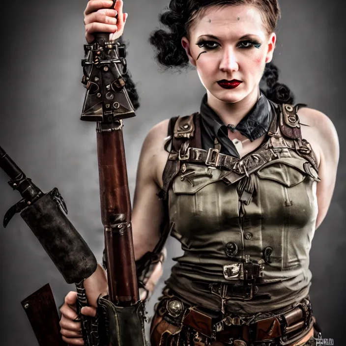 Image similar to full length photo of a very beautiful female dieselpunk warrior with weapons, 8 k, hdr, smooth, sharp focus, high resolution, award - winning photo