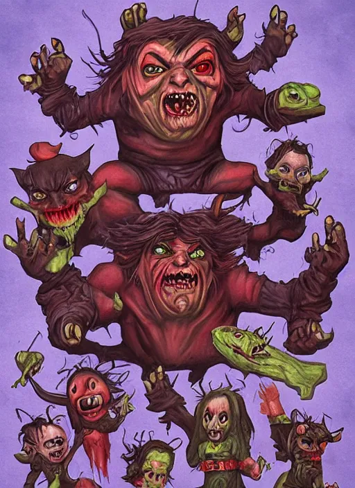 Image similar to demonic munchkins possessed by the devil, in the style of brom