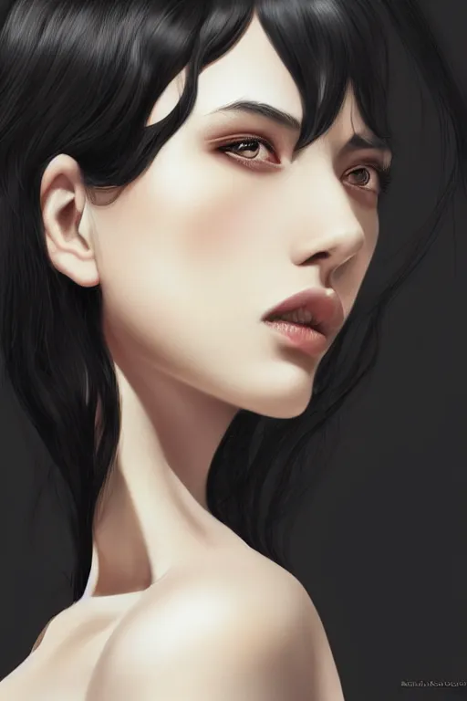 Image similar to sideview of a beautiful black haired pale woman, by artgerm, by studio trigger, by wlop, realistic, soft light, warm colors