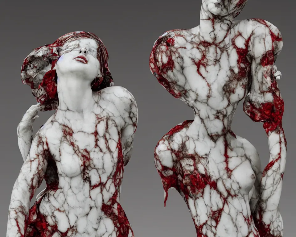 Prompt: intrincate carrara marble red green and white statue of Oblivium Blossom Goddess made by Kris Kuksi and HR Giger and Lois Greenfield