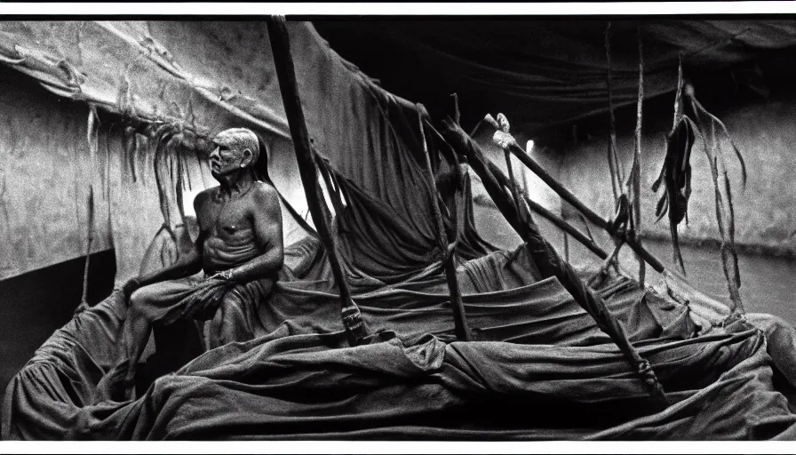 Prompt: 1 9 6 0 s movie still by tarkovsky of an elder mayan warrior in dark drapery inside a barque in a neoclassical canal, cinestill 8 0 0 t 3 5 mm b & w, high quality, heavy grain, high detail, panoramic, ultra wide lens, cinematic composition, dramatic light, anamorphic, piranesi style