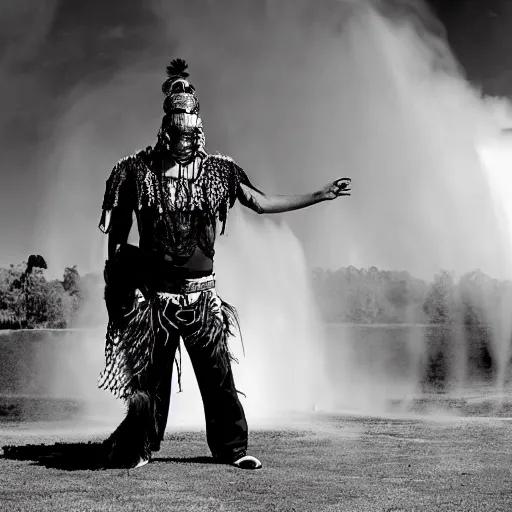 Prompt: photoperiodism portrait of an indigenous cholo goth mechanoid shaman dressed with a quetzalcoatl feathered serpent dancing over geyser explosion