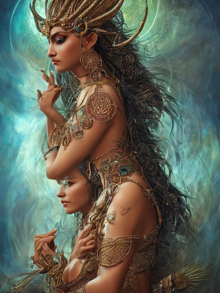 Image similar to a centered render of a single alluring mystical tribal goddess adorned with feathers and gemstones and cables and synthesizer parts is surrounded by sacred geometry made from elven architecture, full body, gorgeous, perfect face, powerful, cinematic, beautifully lit, by artgerm, by karol bak, 3 d, trending on artstation, octane render, 8 k