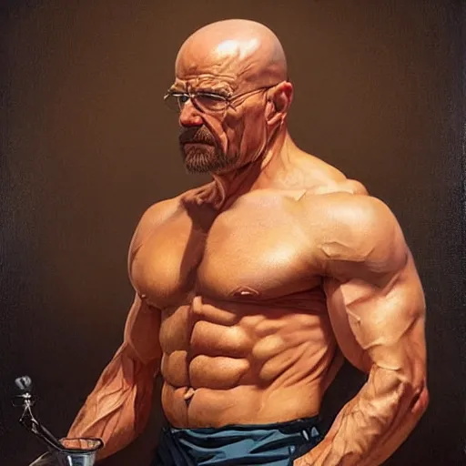 Prompt: “the ultimate gigachad, incredibly muscular walter white, walter white with chiseled jawline, trending on /r/moreplatesmoredates, oil on canvas artstation by J. C. Leyendecker and Edmund Blair Leighton and Charlie Bowater octane render”