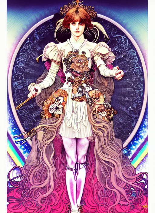 Image similar to highly detailed terada katsuya artstation ayami kojima manga poster of princess emma watson mechine, rainbow gradient reflection, long hair, armor, dress, laces, ruffles, 8 k, maximalist,, jump comics, tomer hanuka, alphonse mucha